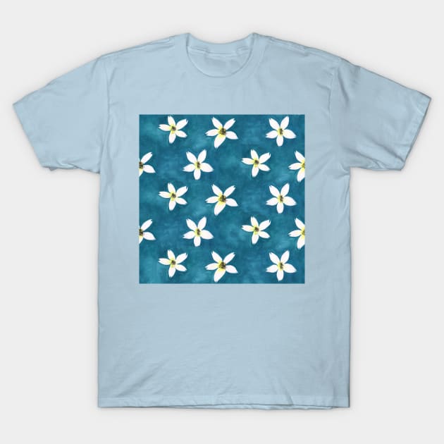 Watercolor jasmine flower on blue T-Shirt by Artisy Artist 